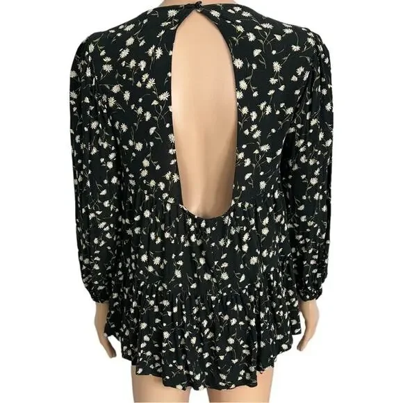 American Eagle Size XS Babydoll Blouse Top Black Floral Back Cut Out Viscose - Picture 6 of 11